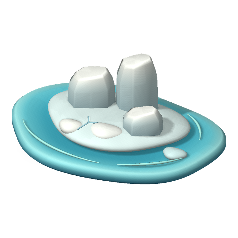 A rounded white clay ice floe with three pale blue ice stacks, snow caps, and a small broken-off piece in teal water.