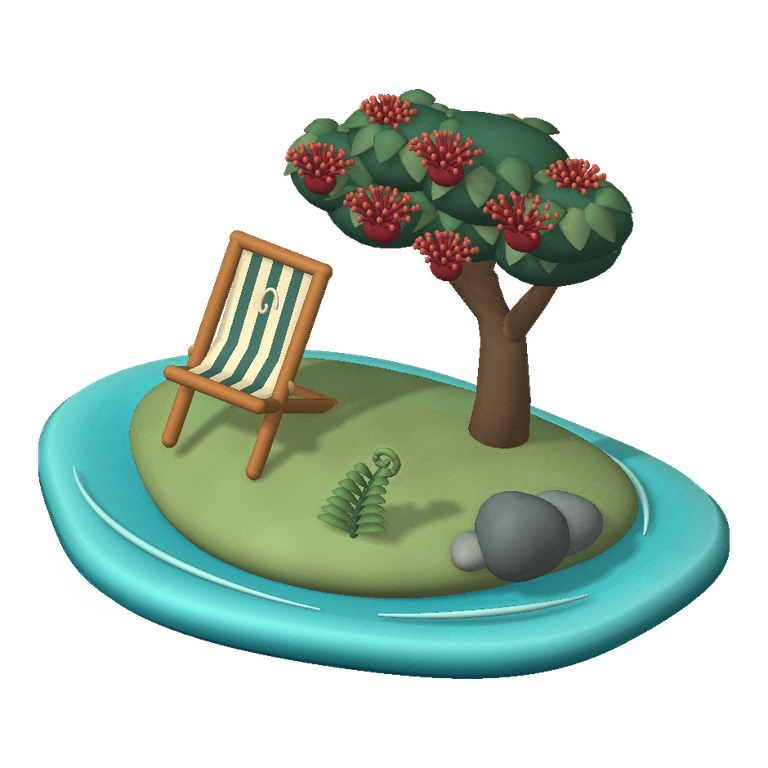An original clay island scene with a wind-shaped red-flowering pōhutukawa on the right, a green striped deckchair on the left, a curled fern and grey coastal rocks.
