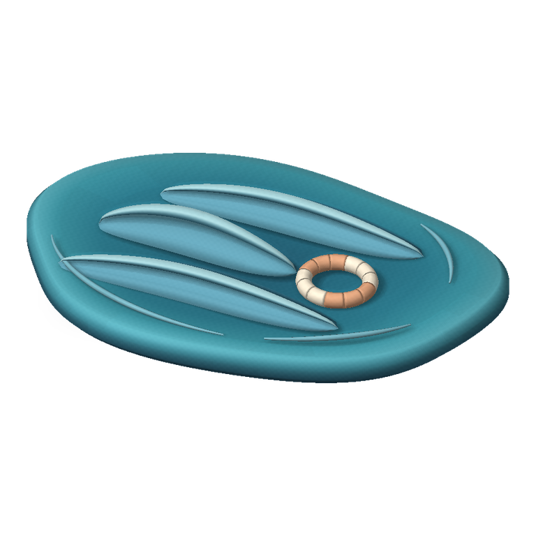 Sculpted blue-grey ocean with three rolling waves and a small empty cream-and-coral lifebuoy. No land in sight.
