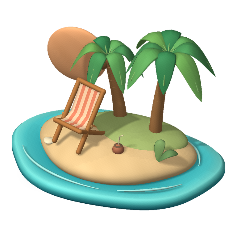 An original clay island scene with two curved palms on the right, a coral-striped deckchair on the left, a terracotta drink and a peach sun above turquoise water.