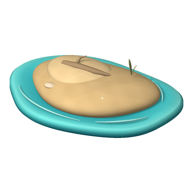 An empty golden clay sandbank with driftwood, three dry grass blades and a tiny shell, ringed by turquoise waves.